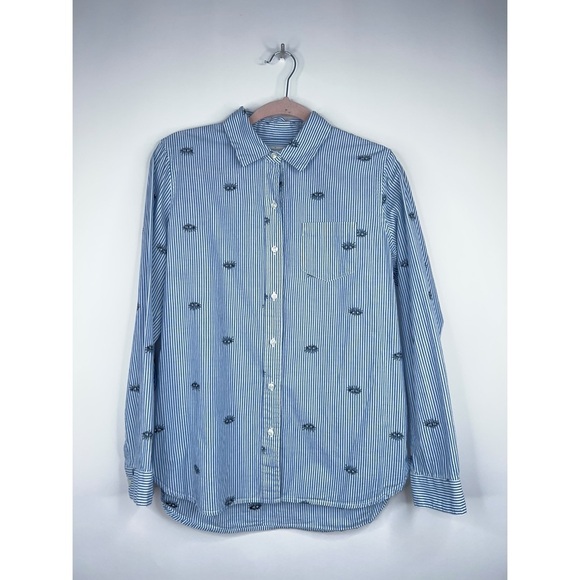 Trovata Birds of Paradis Striped Blue White Button Down Embroidered Eye Print - Picture 1 of 10